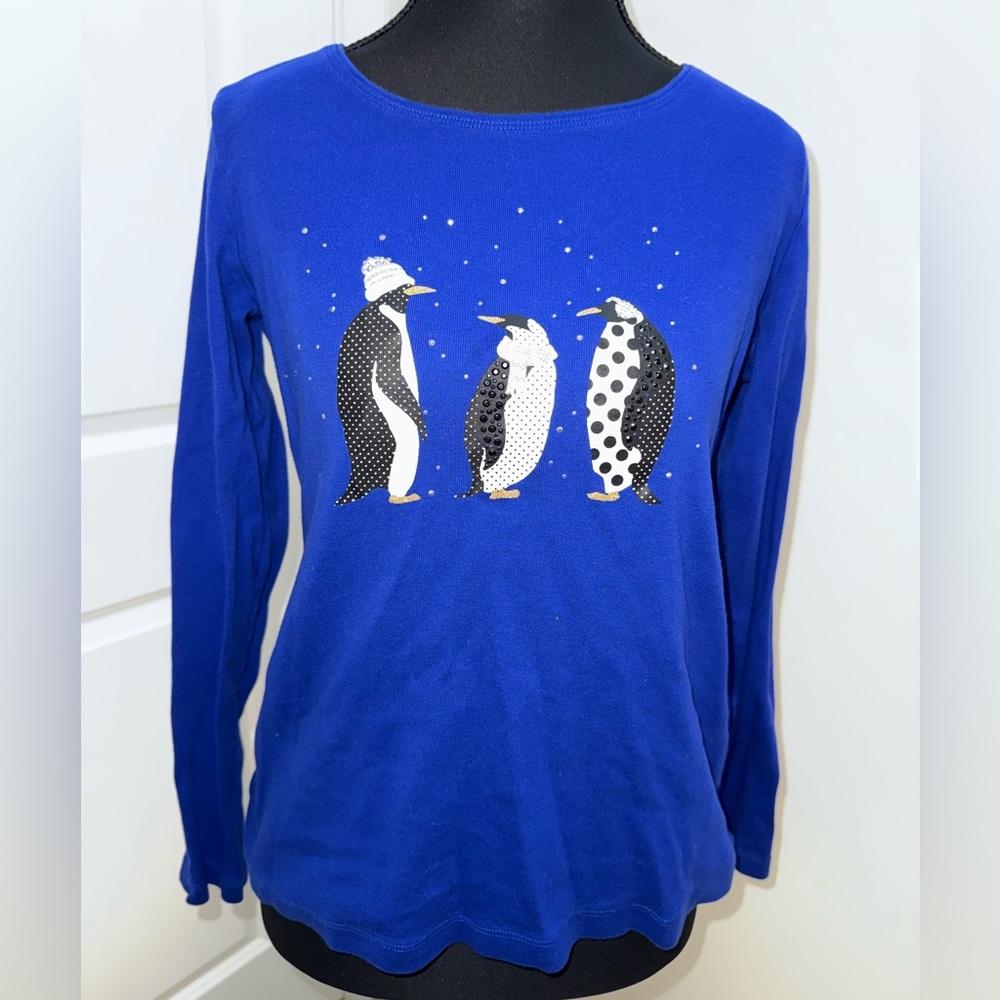 Cute Winter Penguins Blue long sleeve top by Karen Scott